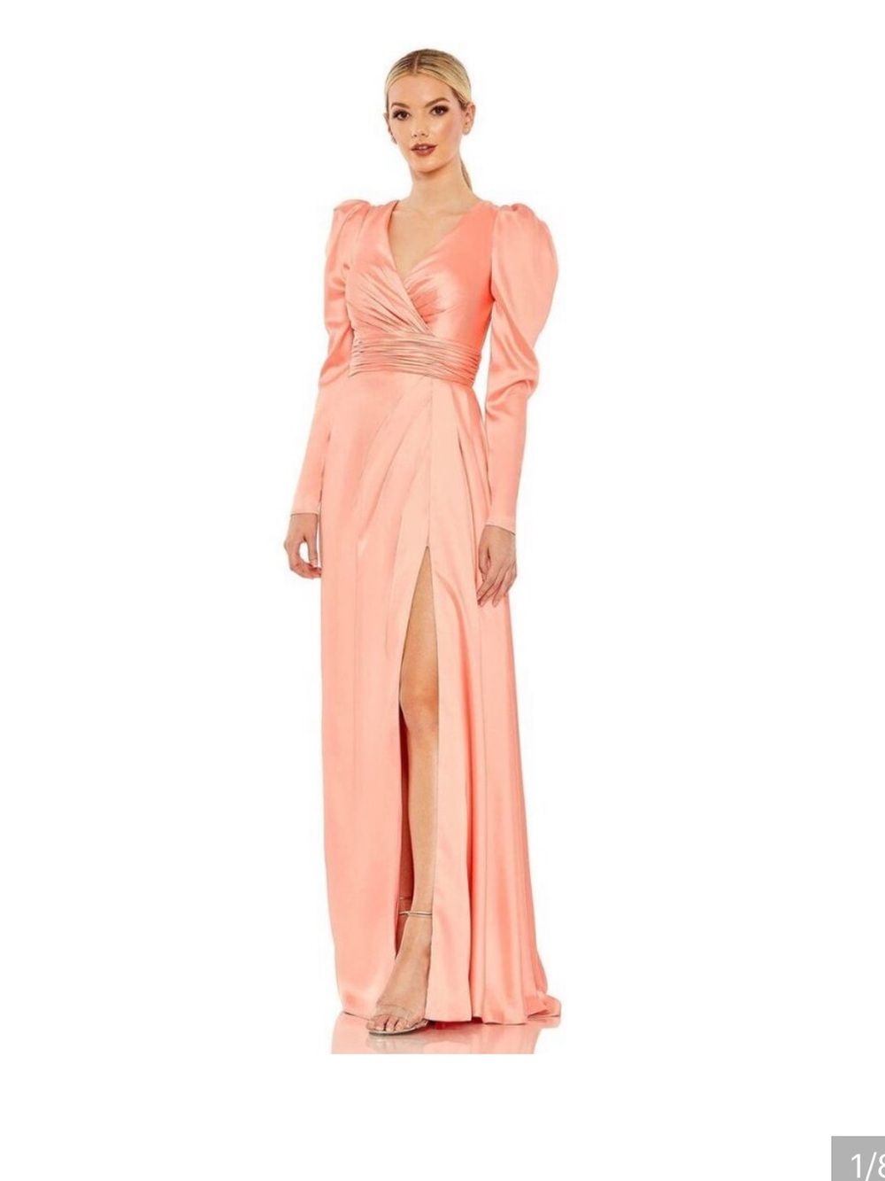 NWT Mac Duggal Faux Wrap Long Sleeve A Line Gown Peach 14 #7610